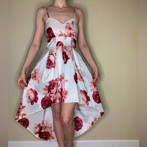 Pearlescent White High-Low Dress with Red and Pink Roses